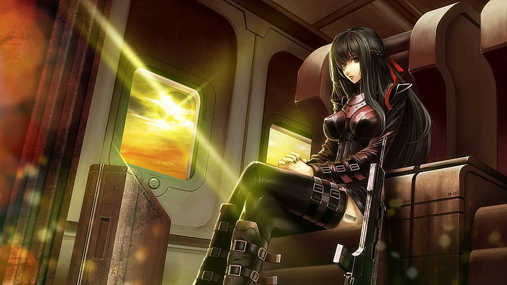 black-haired woman illustration, anime girls, adult, indoors, HD wallpaper