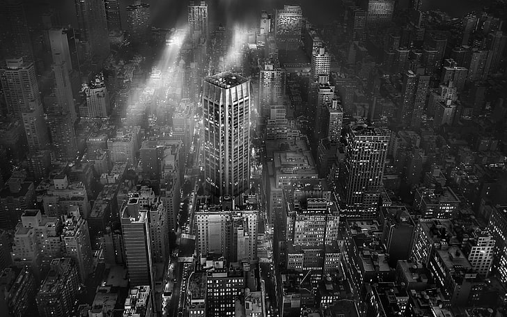 aerial view of buildings, landscape, cityscape, monochrome, New York City