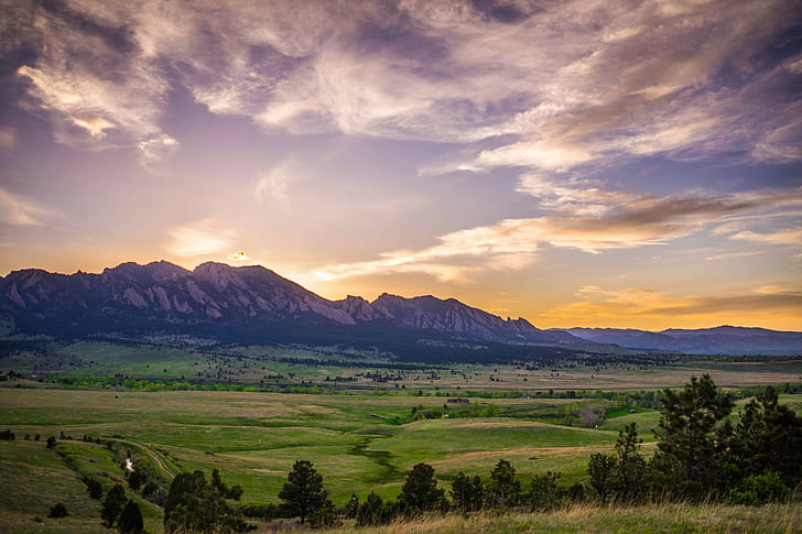 sunset, Boulder, mountains, landscape, field, plains, HD wallpaper