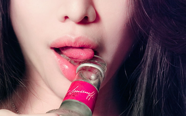 vodka, licking, bottles, tongues, women