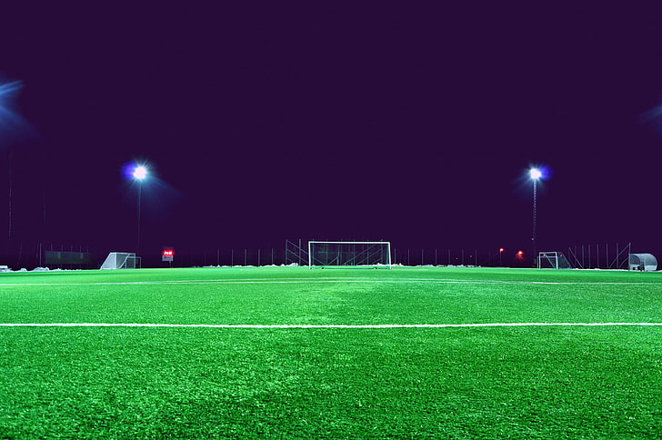green soccer field, lawn, gate, stadium, sport, grass, night, HD wallpaper