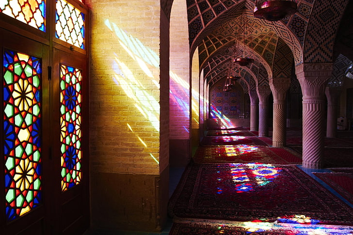 stained glass, indoors, carpets, Islamic architecture, old building, HD wallpaper
