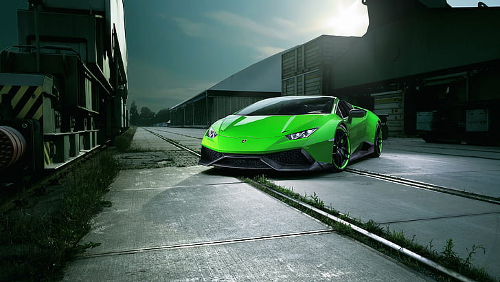 Lamborghini Huracan Spyder green supercar front view, night, city, green sports car