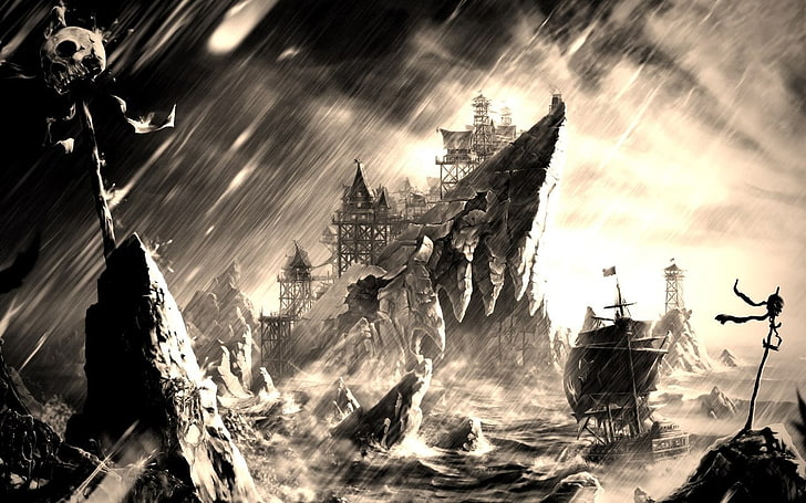 grayscale photo of ship, pirates, fantasy art, architecture, sky
