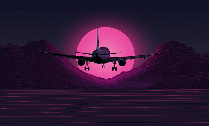 The sun, Music, The plane, Background, Neon, 80's, Synth, Retrowave