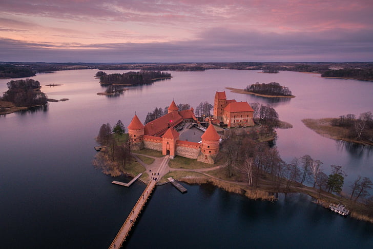 Castles, Trakai Island Castle, Aerial, Horizon, Lake, Lithuania
