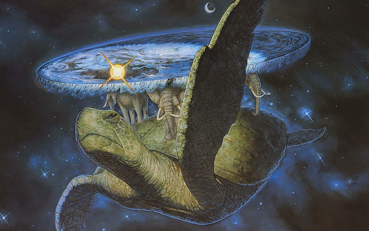 Discworld, photo of green turtle with elephant on back, music