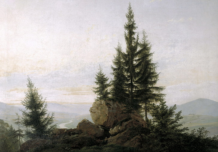 trees, landscape, stones, picture, Caspar David Friedrich, View of the Elbe Valley