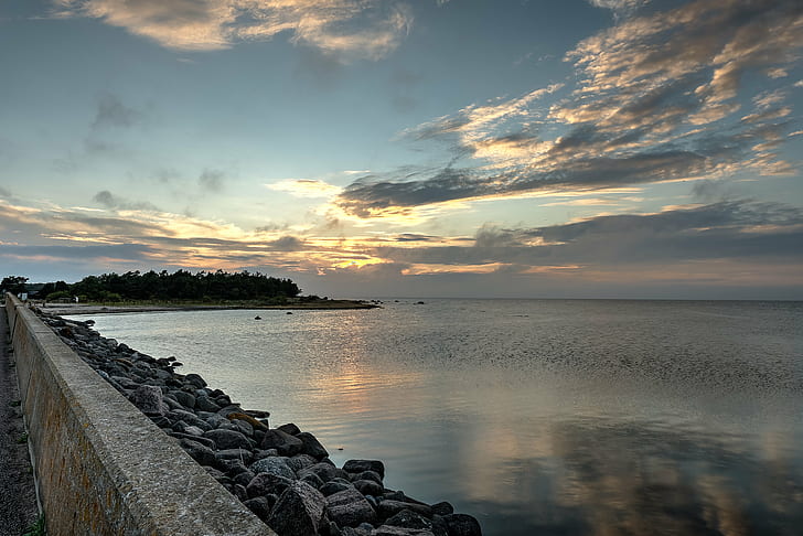 body of water under cloudy sky, Sunset, HDR, d810, öland, oland, HD wallpaper