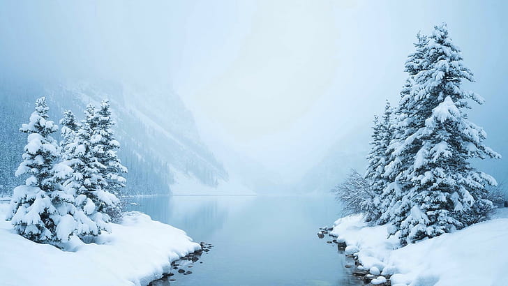 photography, nature, winter, snow, lake, mist, HD wallpaper