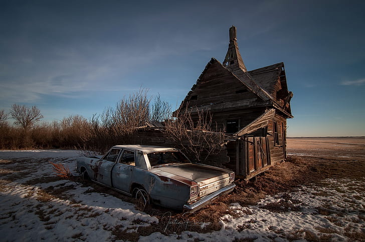 car, vehicle, landscape, wreck, ruin, HD wallpaper