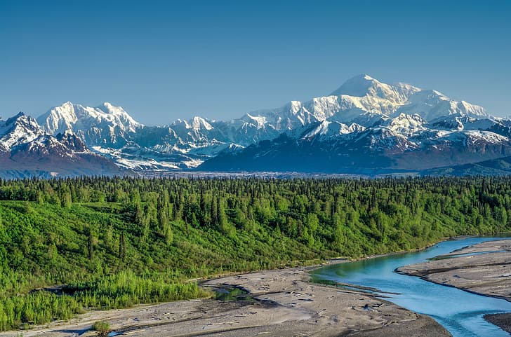 forest, mountains, river, Alaska, Denali National Park, Alaska Range