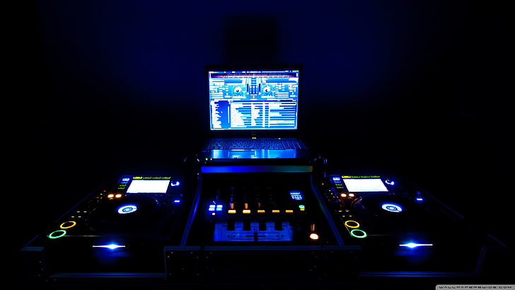 black digital turntable with LED lights, electronics, mixing consoles