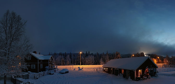 brown wooden house, winter, snow, dawn, morning, houses, Finland