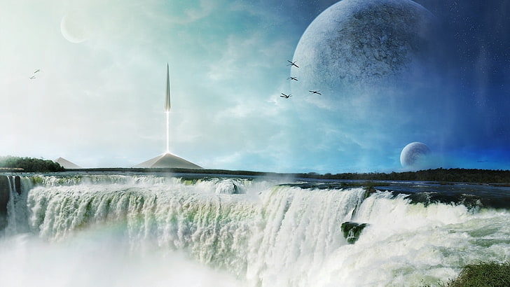 waterfall wallpaper, planet, science fiction, space art, nature