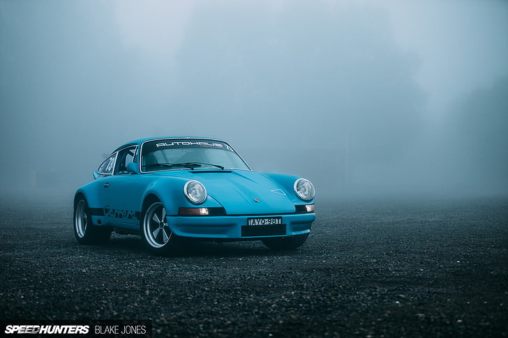 teal Porsche coupe, 3.8 rsr, mist, blue, car, mode of transportation, HD wallpaper