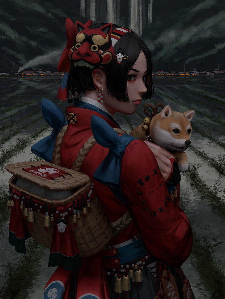 women, samurai, doge, digital art, painting, artwork, mask
