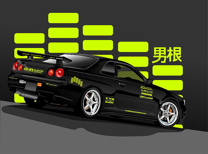 black Nissan Skyline, vector, rear, R34, car, land Vehicle, speed, HD wallpaper