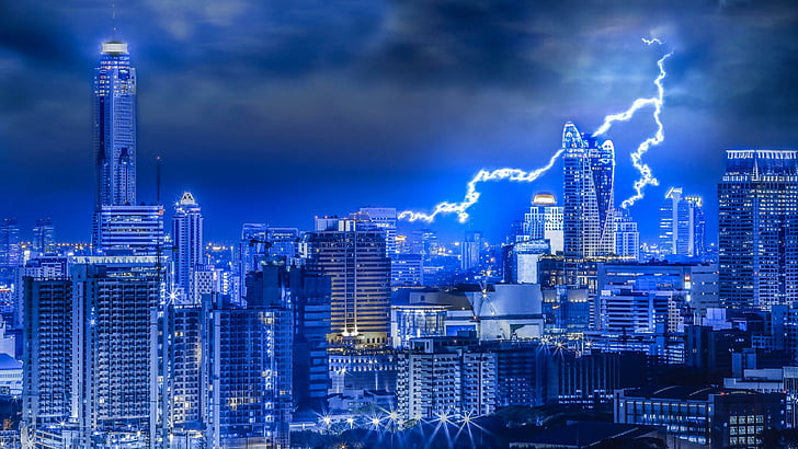 HD wallpaper: blue light, lightning, strike, storm, cityscape, cloudy, city  lights | Wallpaper Flare
