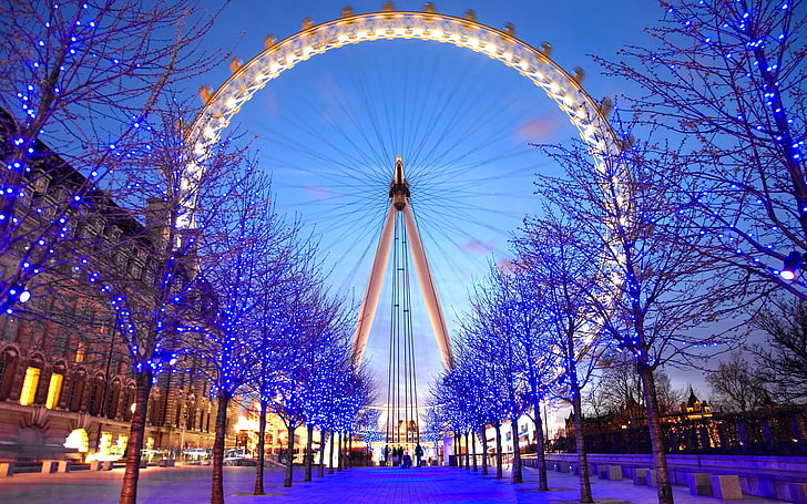 Ferris Wheel, London, London Eye, blue, christmas lights, trees, HD wallpaper