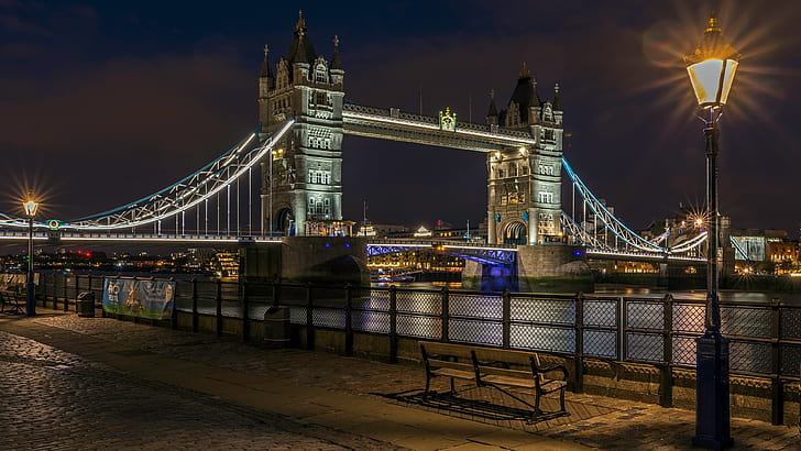 night, bridge, lights, river, England, London, lantern, Tower bridge
