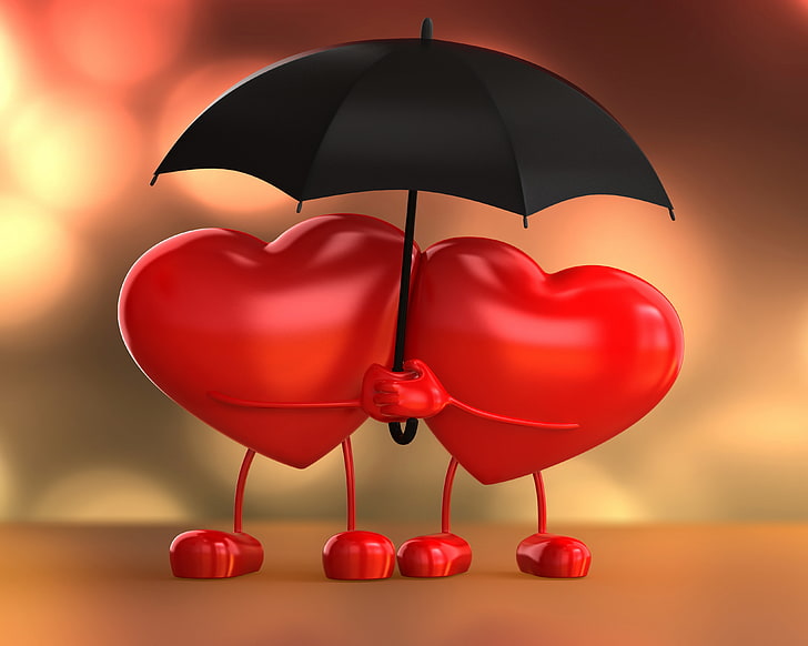 two red hear under umbrella illustration, love, heart, lovers