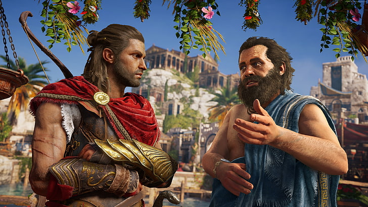 4K, screenshot, Assassins Creed Odyssey, E3 2018, two people