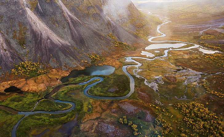 aerial photography of river near moubtain, landscape, nature
