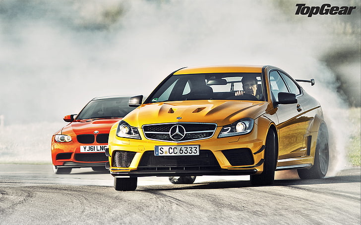 two yellow and orange vehicles, smoke, BMW, skid, supercar, drift