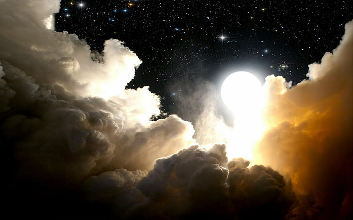 space, stars, clouds, Moon, night