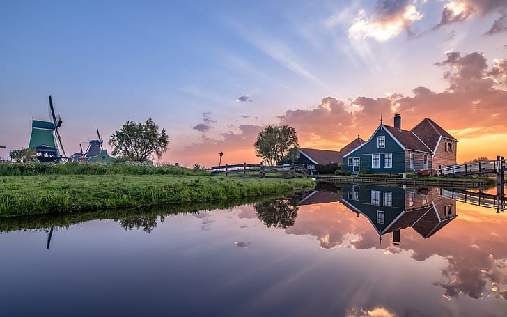 morning, mill, Netherlands, Holland, Zaanse Schans