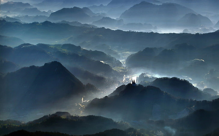 mountains illustration, nature, landscape, mist, sun rays, blue, HD wallpaper