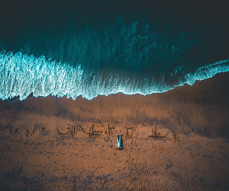 body of water, man, ocean, view from above, shore, surf, freedom