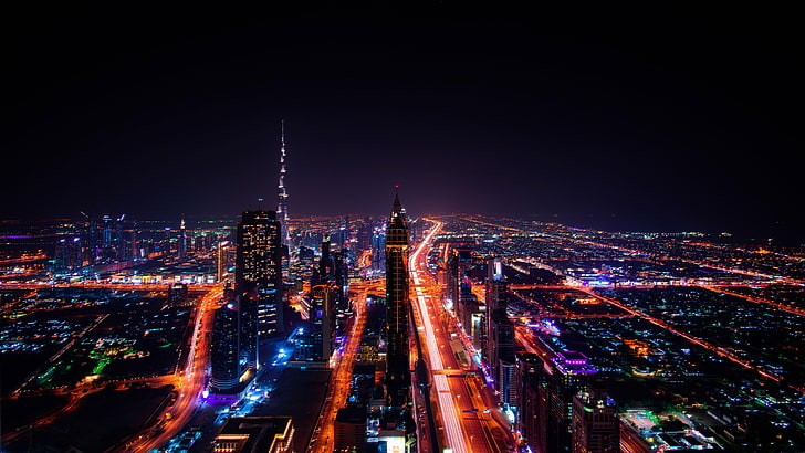 dubai, city lights, cityscape, metropolitan area, burj khalifa
