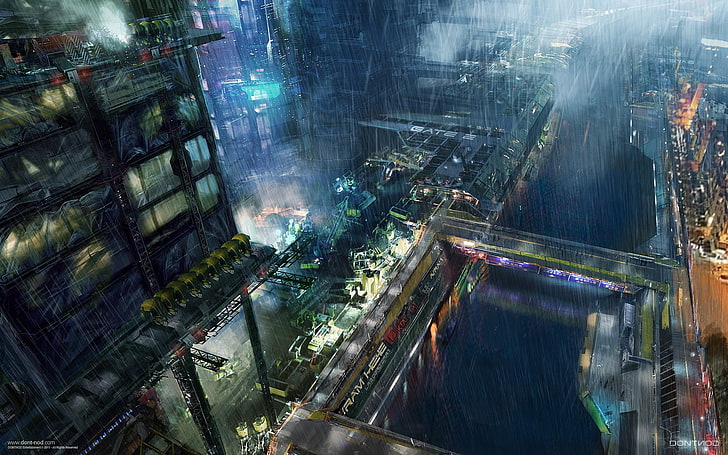 cyberpunk, rain, futuristic, futuristic city, bridge, industry