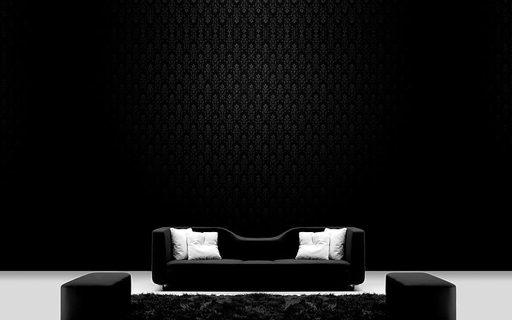 black couch and four white throw pillow, sofa, Wallpaper, black and white, HD wallpaper