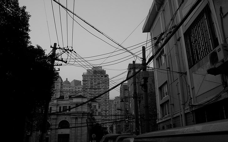 grayscale photo of buildings, Shanghai, cityscape, monochrome