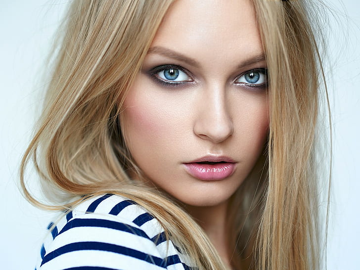 women, blonde, closeup, open mouth, blue eyes, HD wallpaper