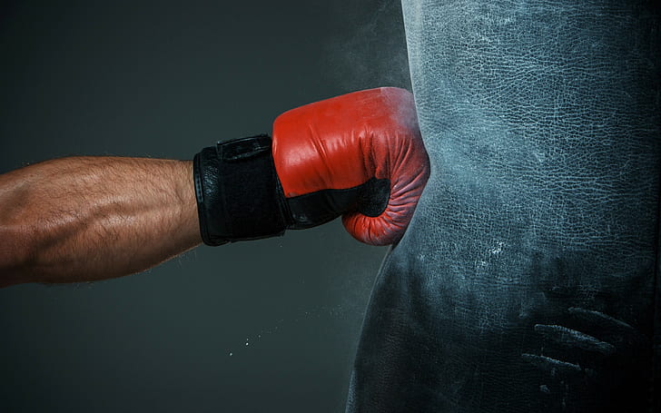 Boxing Glove hit, red and black boxing glove and punching bag, HD wallpaper