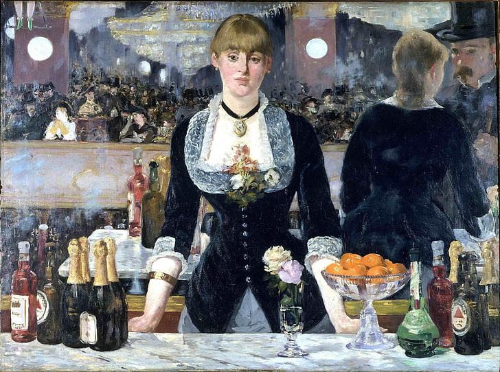 woman in front of table with bottles and glasses painting, Édouard Manet