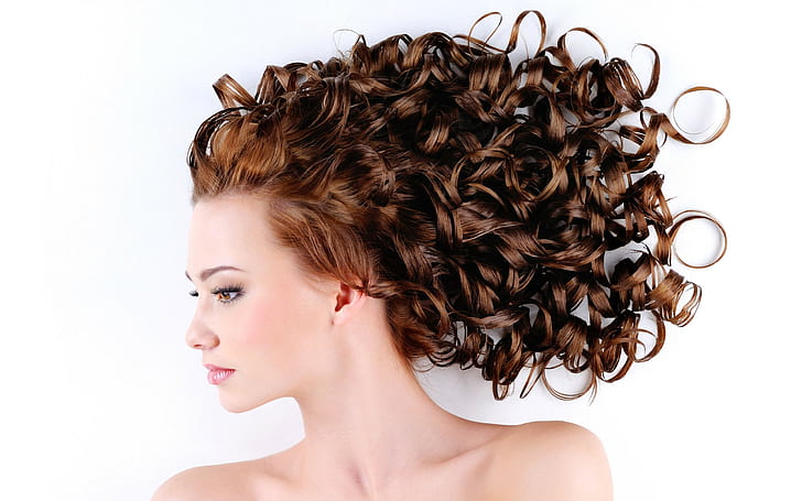 profile, white background, women, curly hair, brunette, bare shoulders, HD wallpaper