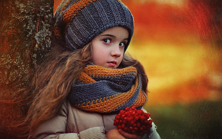 HD wallpaper: Red Berries Cute Girl, girl's knitted gray and orange beanie  | Wallpaper Flare