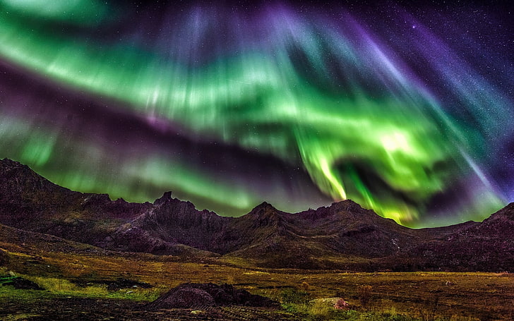 aurora lights, nature, landscape, aurorae, mountains, sky, starry night, HD wallpaper