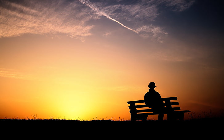 silhouette of man sitting on bench, sunset, people, solitude, HD wallpaper