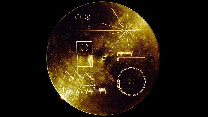 round gold-colored decor, discs, space, Voyager Golden Record