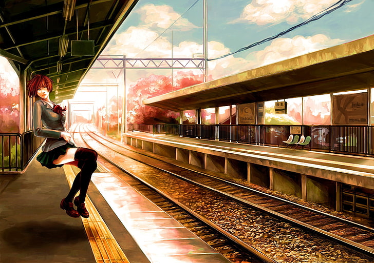 manga, rail transportation, track, railroad station platform, HD wallpaper