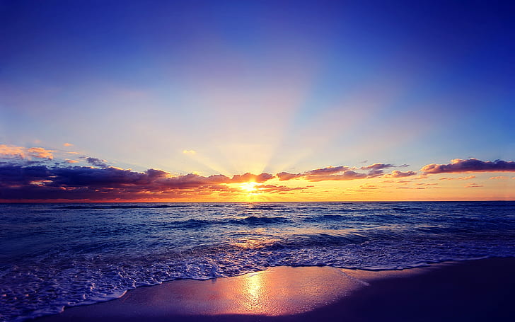 Beautiful sunset, sun, sea, waves, beach, clouds, sunrise at the beach, HD wallpaper