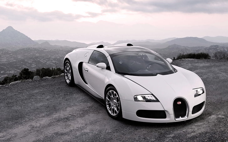 white Bugatti Veyron coupe, cars, sport cars, hood, lights, suite