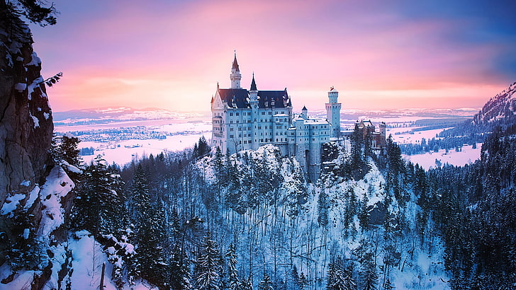 Neuschwanstein Castle, nature, forest, mountains, Germany, Bavaria, HD wallpaper