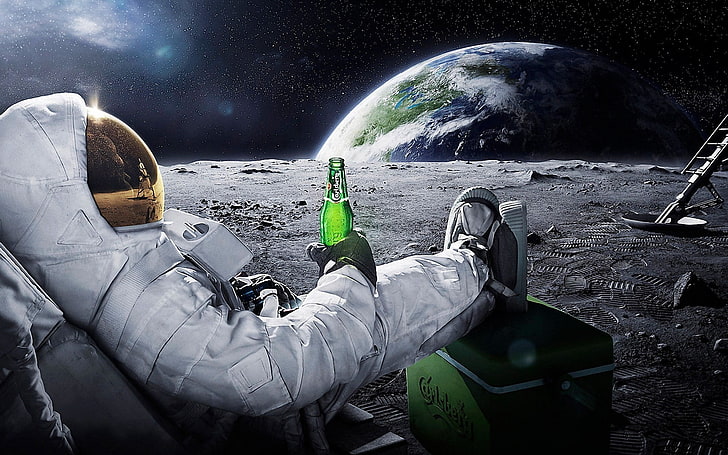 astronaut sitting on moon wallpaper, astronaut holding glass bottle with green liquid sitting on chair out in the galaxy